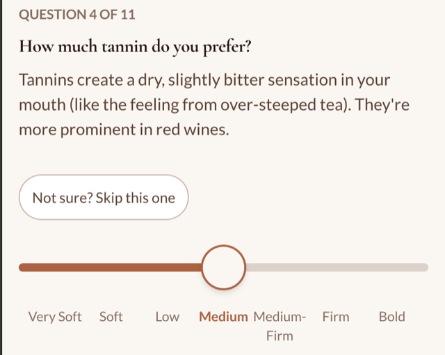 Coalescence app showing a wine questionnaire question with answer options