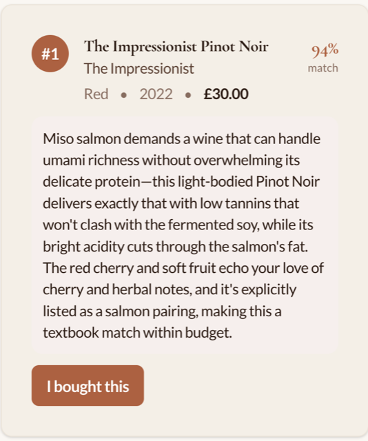 Coalescence app showing a personalised wine recommendation with pairing note and price