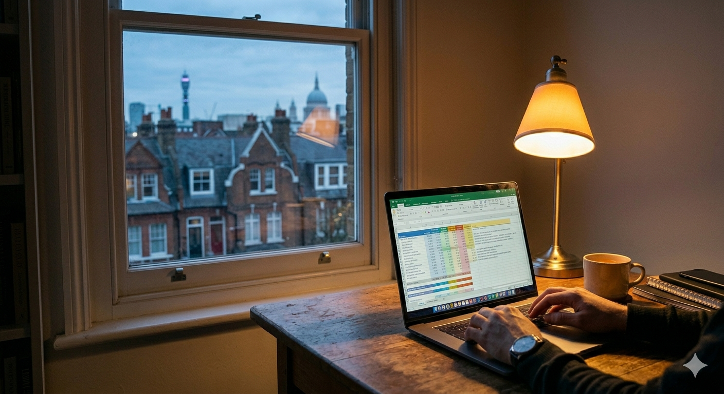 Open spreadsheet on a laptop showing wine inventory data, warm desk light